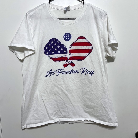 Gildan Tops - Womens Pickleball‎ T-Shirt XL White Let Freedom Ring USA Flag Graphic Tee Sporty